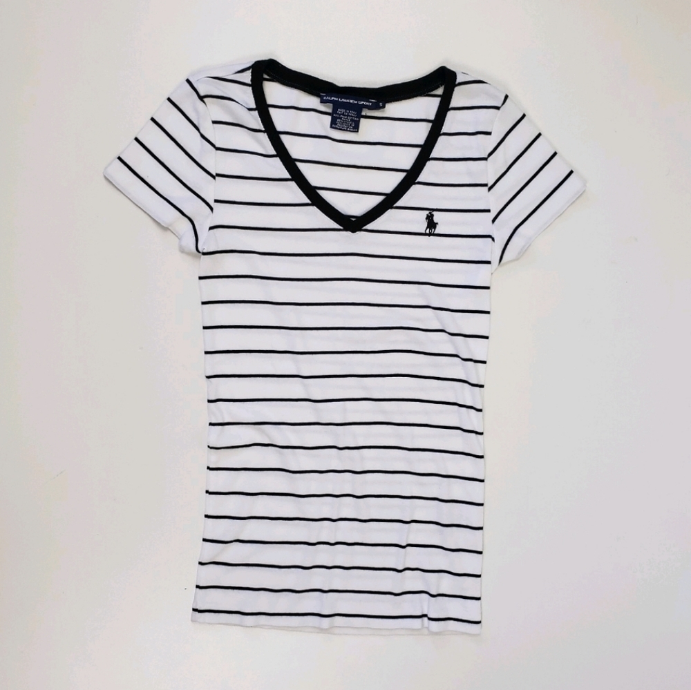 Ralph Lauren Sport Black White Stripe V-Neck Top